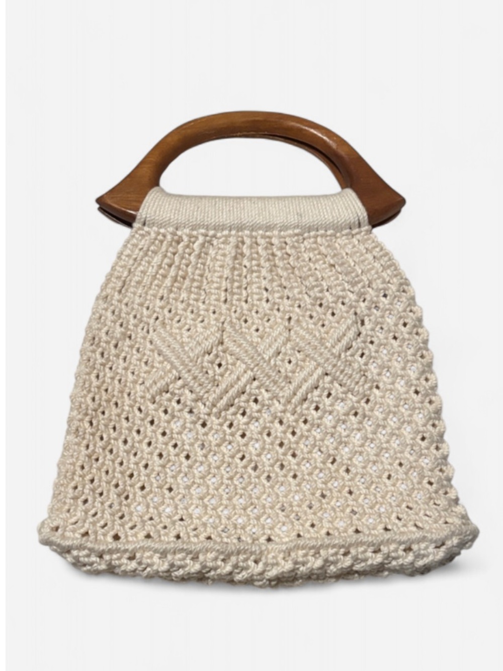 Handwoven Macrame Wooden Handle Handbag Hobo Hippie Cottagecore Chic